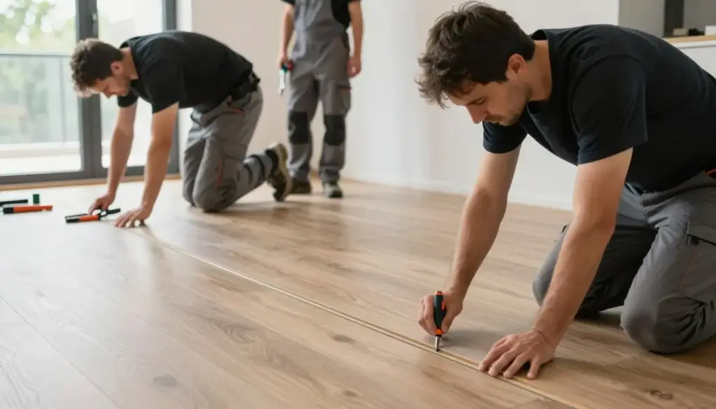 Polnisches Handwerkerteam bei professioneller Verlegung von Vinylboden in deutschem Wohnhaus