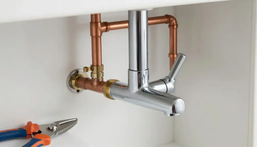 Professionelle Sanitärinstallation mit verchromten Armaturen und Kupferrohren