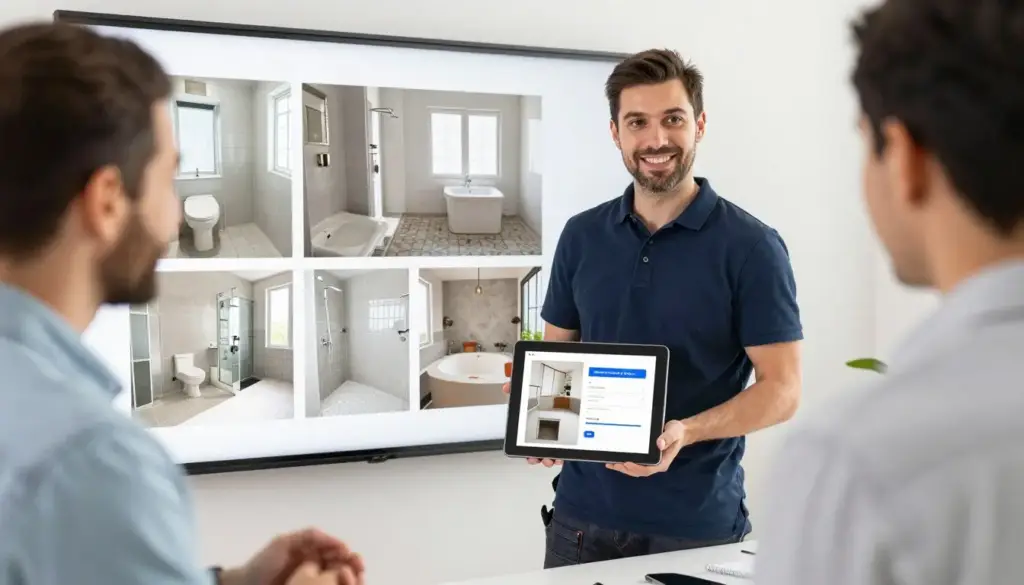 Professioneller Fliesenleger zeigt Referenzfotos auf Tablet seinem Kunden