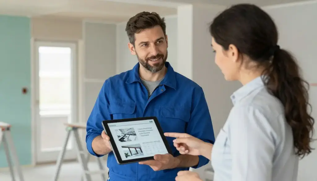 Professioneller Trockenbauer zeigt Referenzprojekt auf Tablet