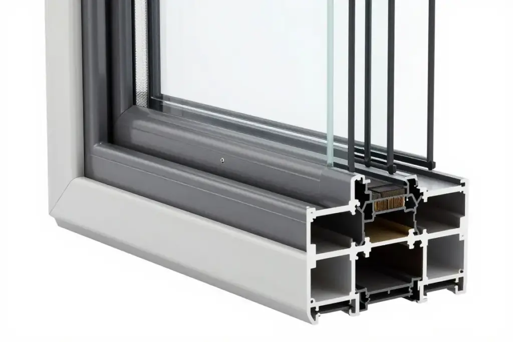 Querschnitt modernes Kunststofffenster zeigt Mehrkammerprofil und Dreifachverglasung, technische Details Fenster Wärmedämmung Schallschutz