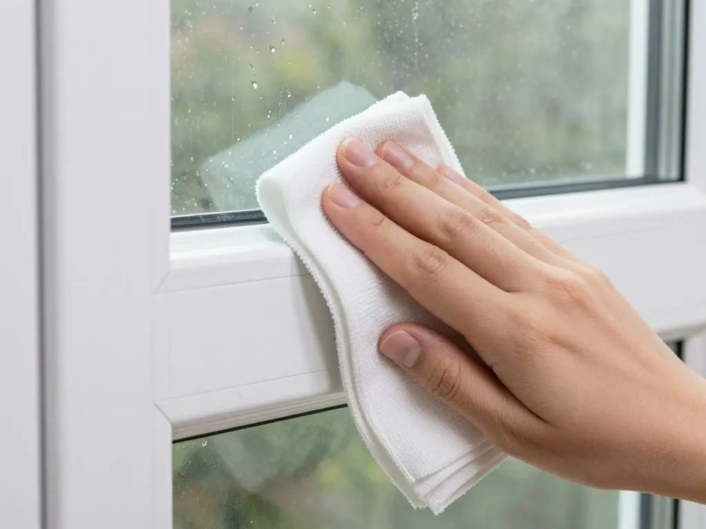 Reinigung eines Kunststofffensters mit feuchtem Tuch