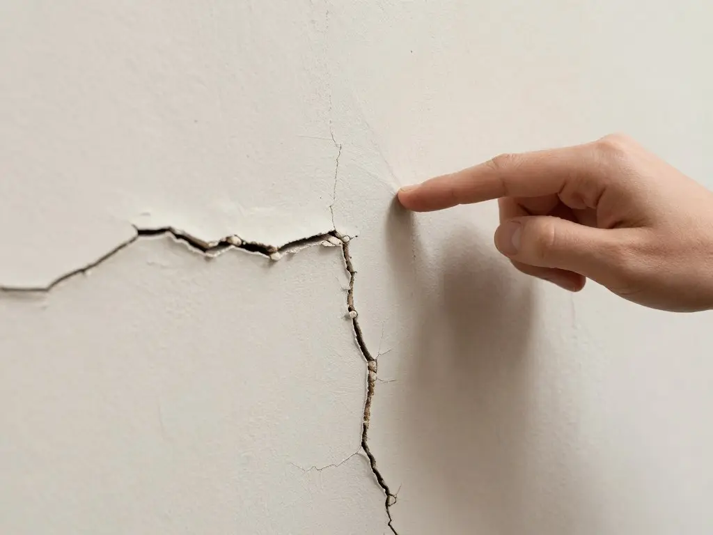 Riss in alter Putzfassade wird untersucht
