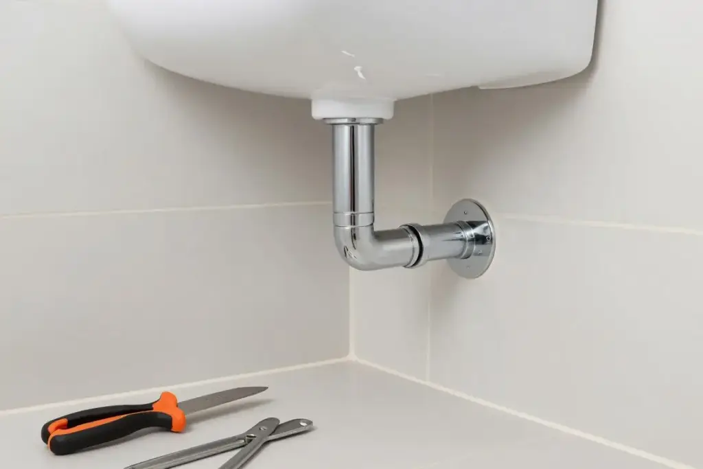 Sanitär Installateur bei der Trinkwasserinstallation in einem Badezimmer