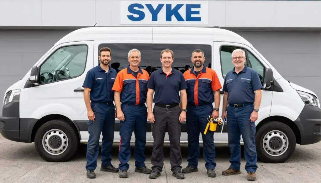 Team von Heizungsbauern und SHK-Installateuren vor Firmenfahrzeug in Syke