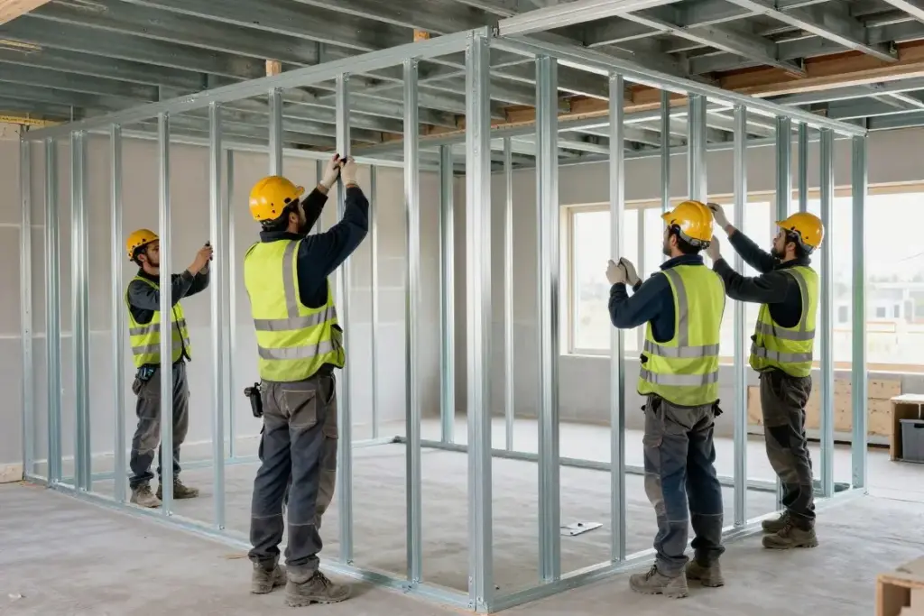 Trockenbauer Team bei der Montage von Metallständerwerk für Trennwände