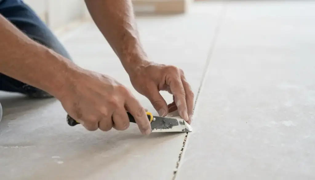 Trockenbauer beim Verspachteln von Gipskartonplatten für glatte Oberfläche