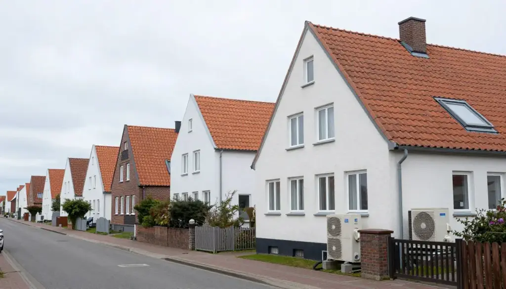 Typische Wohnstraße in Bremerhaven mit Wärmepumpen an mehreren Häusern