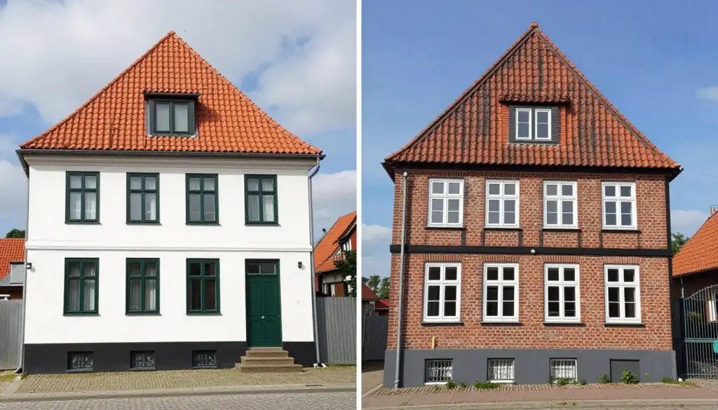 Typisches Wohnhaus in Lemwerder vor und nach Fassadensanierung durch lokale Verputzer