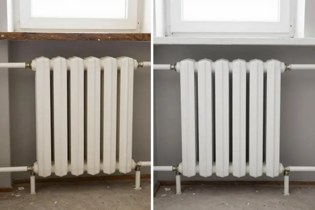 Vergleich alter kleiner Heizkörper und moderner Niedertemperatur-Heizkörper im Altbau