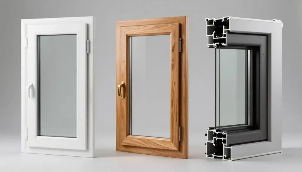 Vergleich von drei Fenstertypen: Kunststoff, Holz und Aluminium nebeneinander