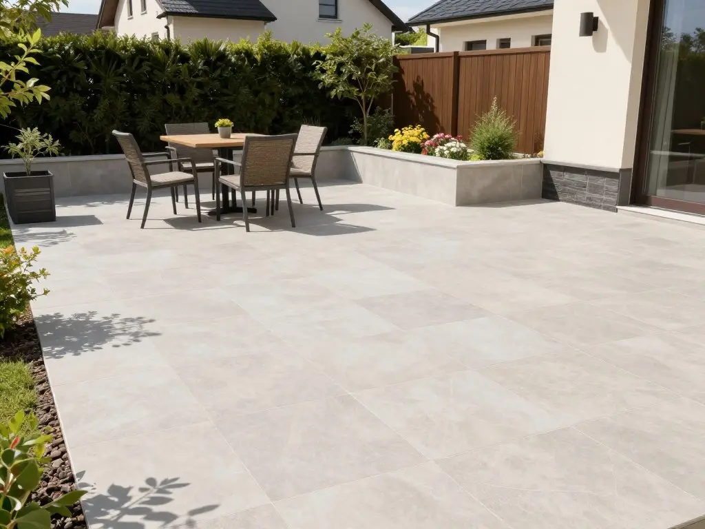 Verlegte Terrassenfliesen mit Gartenmöbeln in Bremervörde