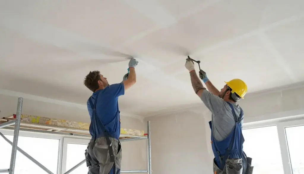 Verputzer Team arbeitet präzise an Decken in Innenraum