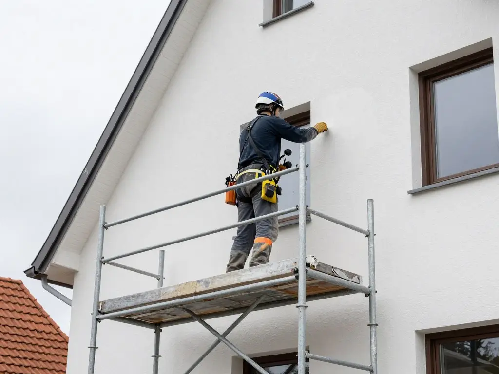 Verputzer arbeitet an Außenfassade mit Gerüst in Norderstedt