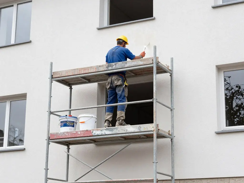 Verputzer bei der Arbeit an einer Außenfassade mit Gerüst, verschiedene Werkzeuge und Materialien sichtbar