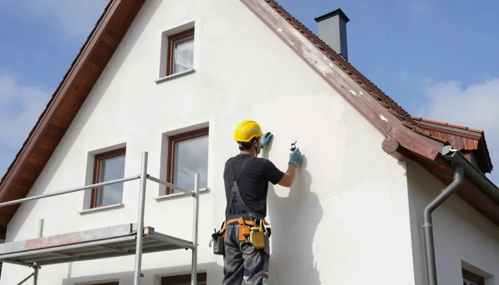 Verputzer bei der Ausführung von Außenputz an einer Fassade in Zeven