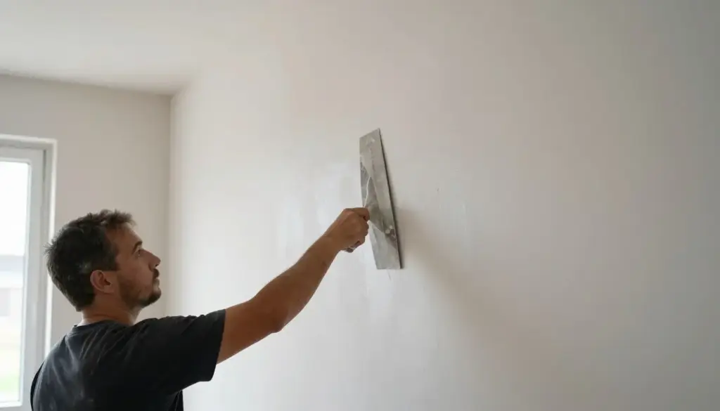 Verputzer glättet Gipsputz an Wohnzimmerwand mit Glättkelle