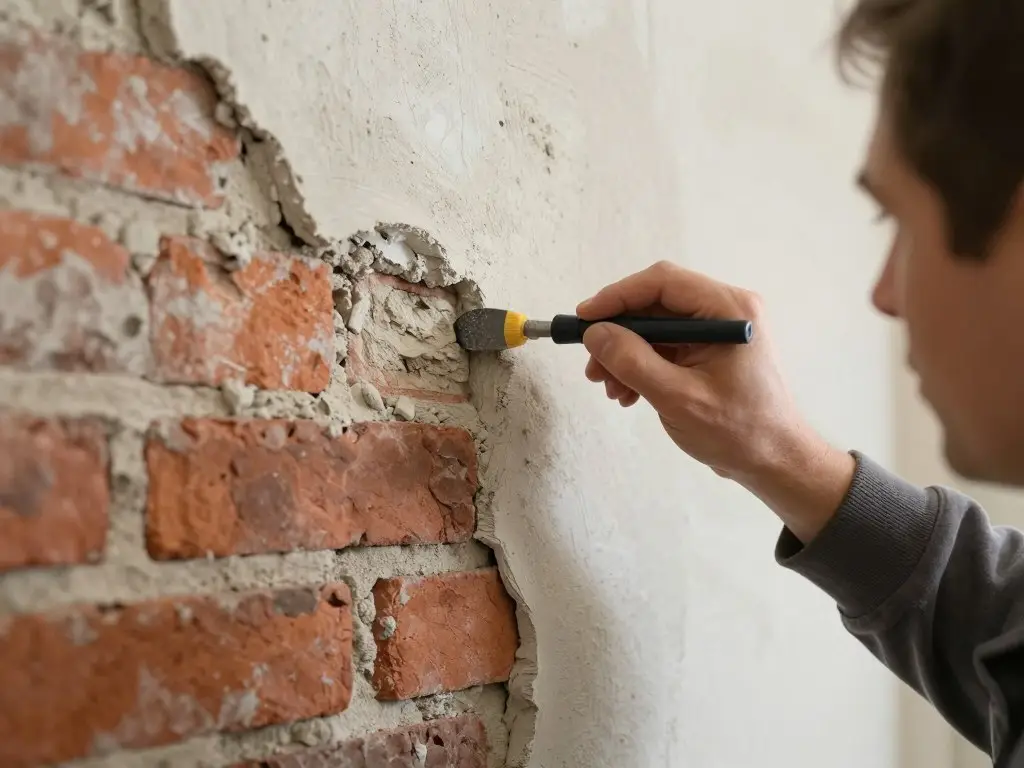 Verputzer prüft Untergrund vor Sanierputz Auftrag in Bremerhaven Altbau