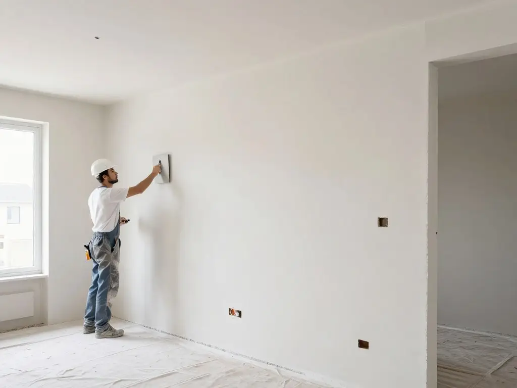 Verputzer trägt Innenputz auf Wand in Neubau Rhauderfehn auf