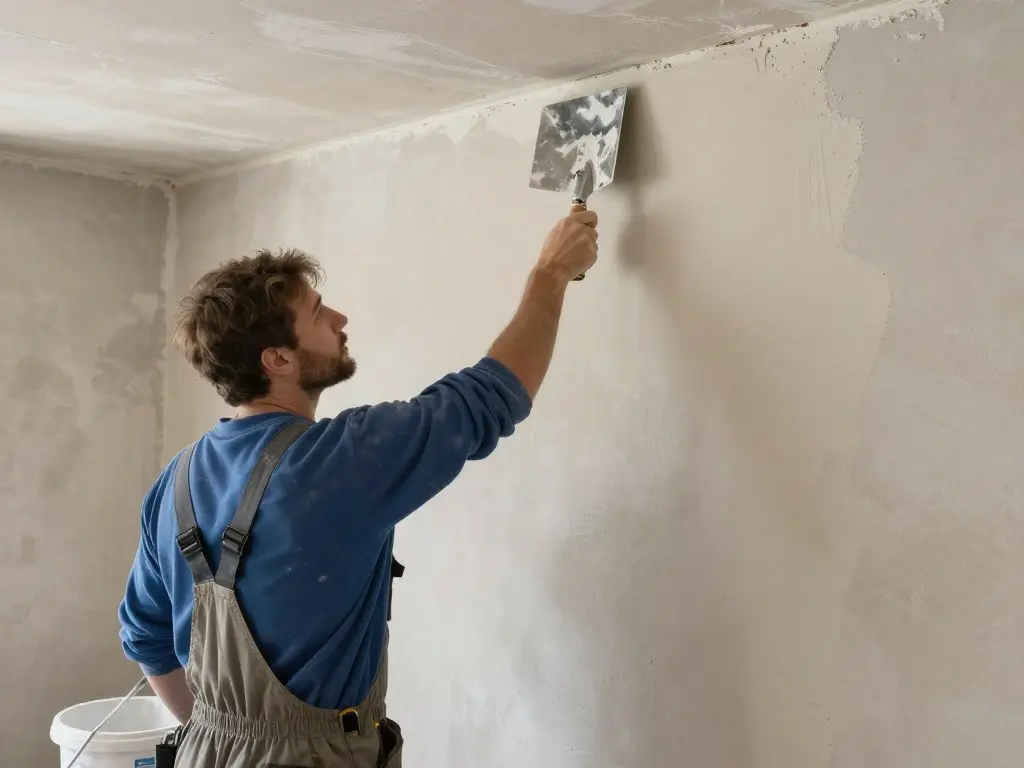 Verputzer trägt Sanierputz auf feuchte Kellerwand auf, Arbeitskleidung, Werkzeug sichtbar