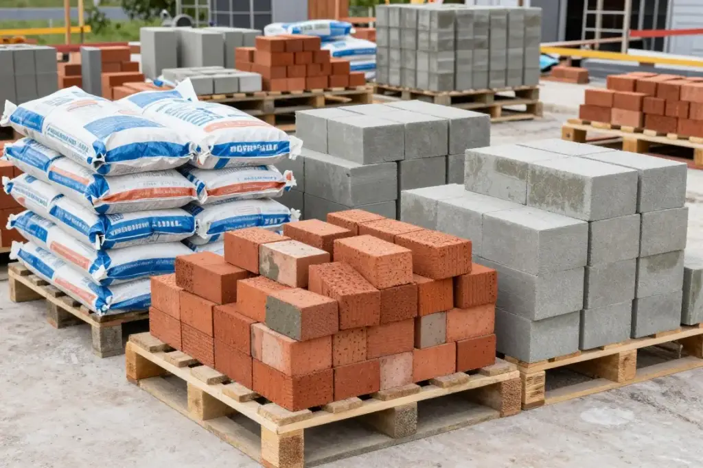 Verschiedene Baumaterialien für Mauerwerk auf Palette