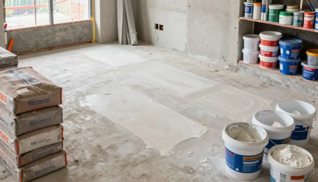 Verschiedene Putzmaterialien in Säcken und Eimern auf Baustelle