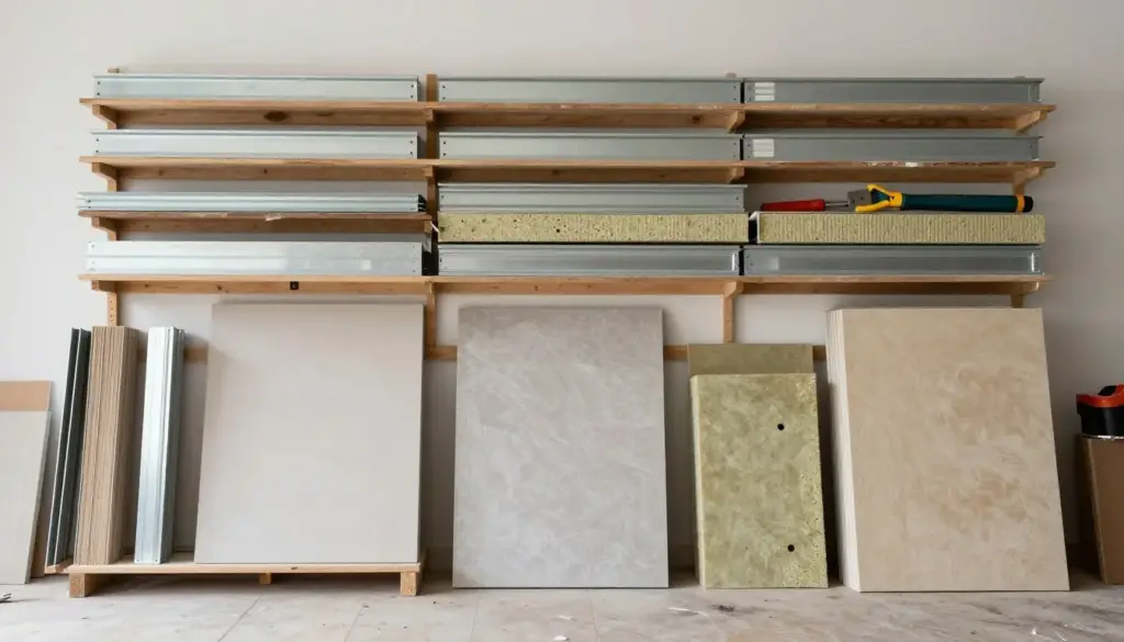 Verschiedene Trockenbau-Materialien und Werkzeuge auf Baustelle