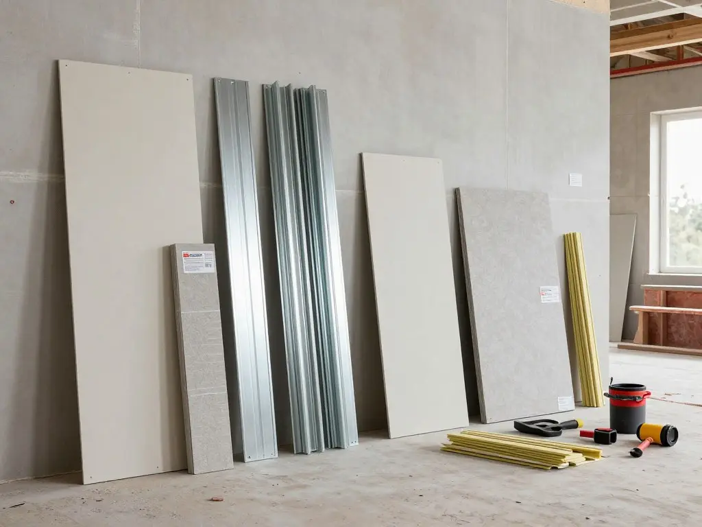 Verschiedene Trockenbau-Materialien und Werkzeuge auf Baustelle