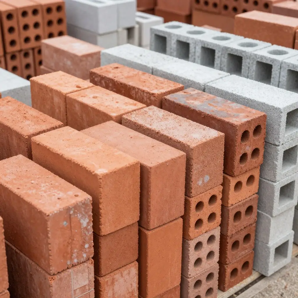 Verschiedene Ziegelsteine für Mauerwerk aufgestapelt