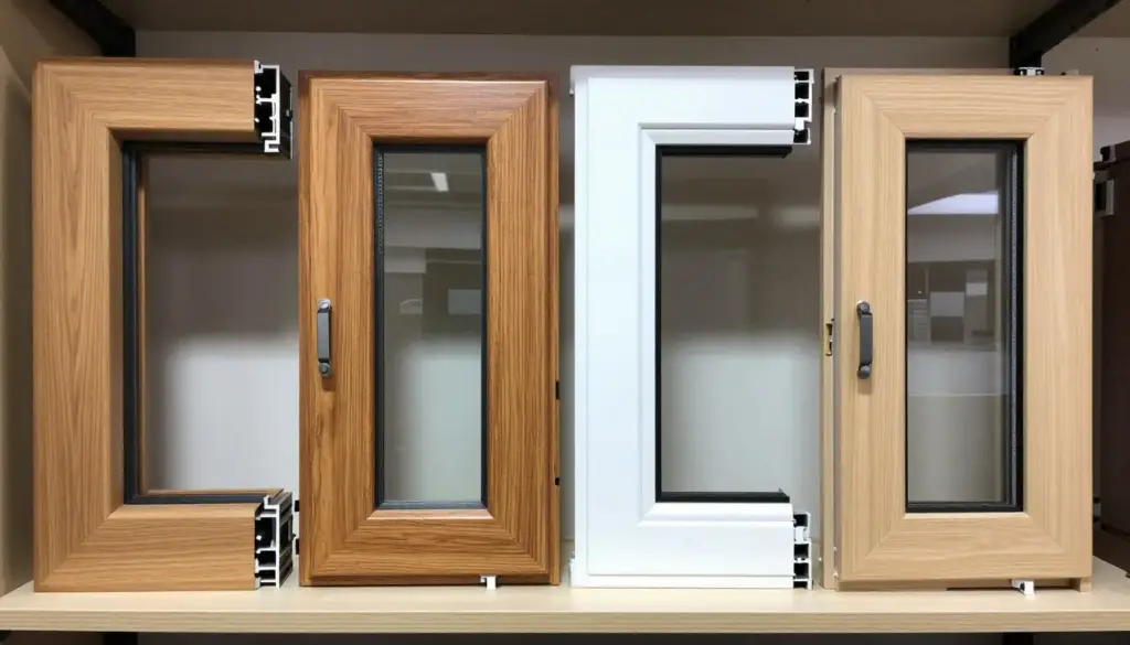 Vier verschiedene Fenstermuster nebeneinander: Kunststoff, Holz, Aluminium und Holz-Alu-Kombination