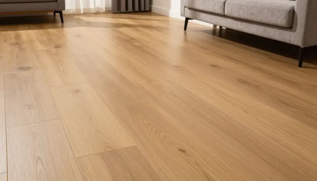 Vinylboden in Holzoptik, modern verlegt im Wohnbereich, warme Atmosphäre