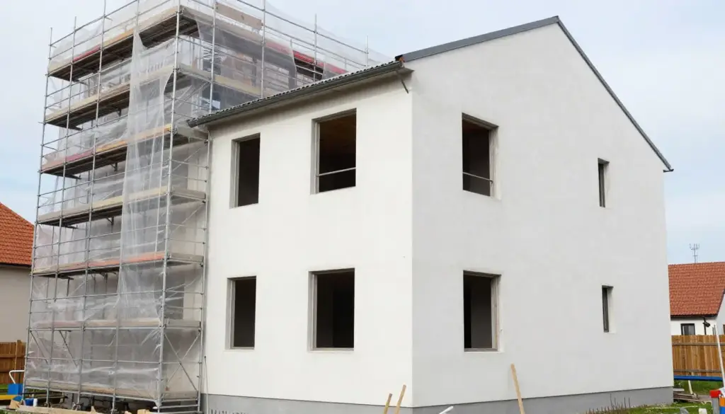 Wetterschutz für frischen Außenputz an einer Fassade