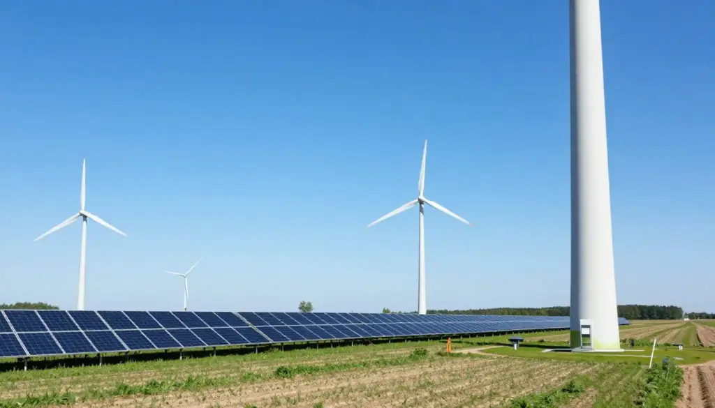 Windräder und Photovoltaik symbolisieren erneuerbare Energien für Wärmepumpen