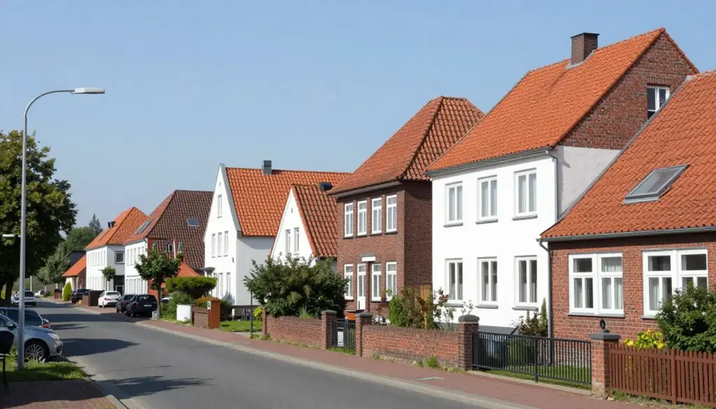 Wohngebiet in Stuhr mit typischer norddeutscher Architektur, Einfamilienhäuser verschiedener Baujahre