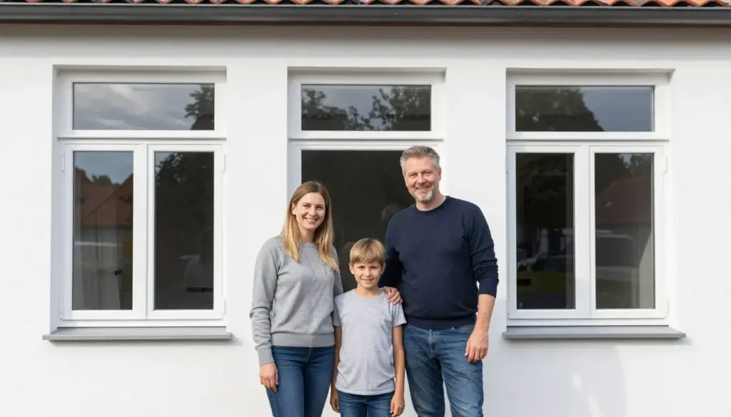 Zufriedene Familie vor ihrem Hamburger Haus mit neuen hochwertigen Fenstern