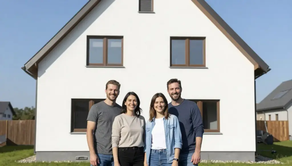 Zufriedene Kunden vor fertig verputztem Haus in Achim