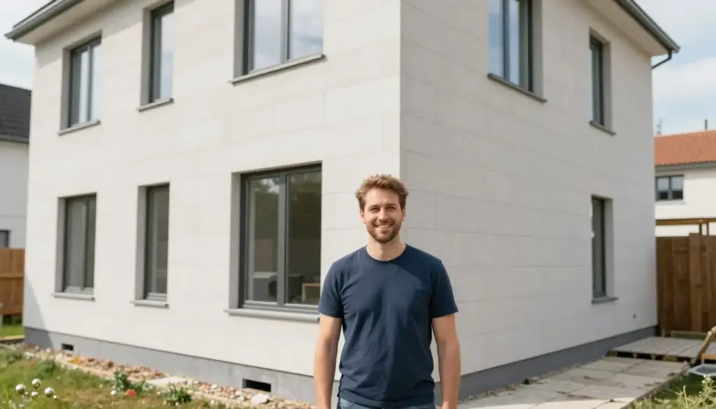 Zufriedener Hausbesitzer mit fertiggestellter Maurerarbeit in Bremen