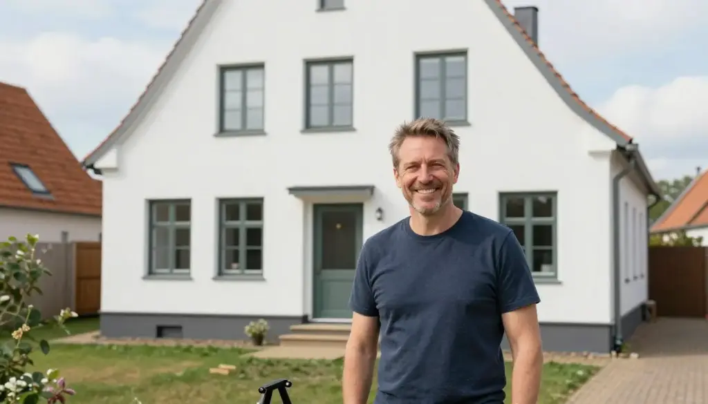 Zufriedener Hausbesitzer nach erfolgreicher Sanierung vor seinem renovierten Haus