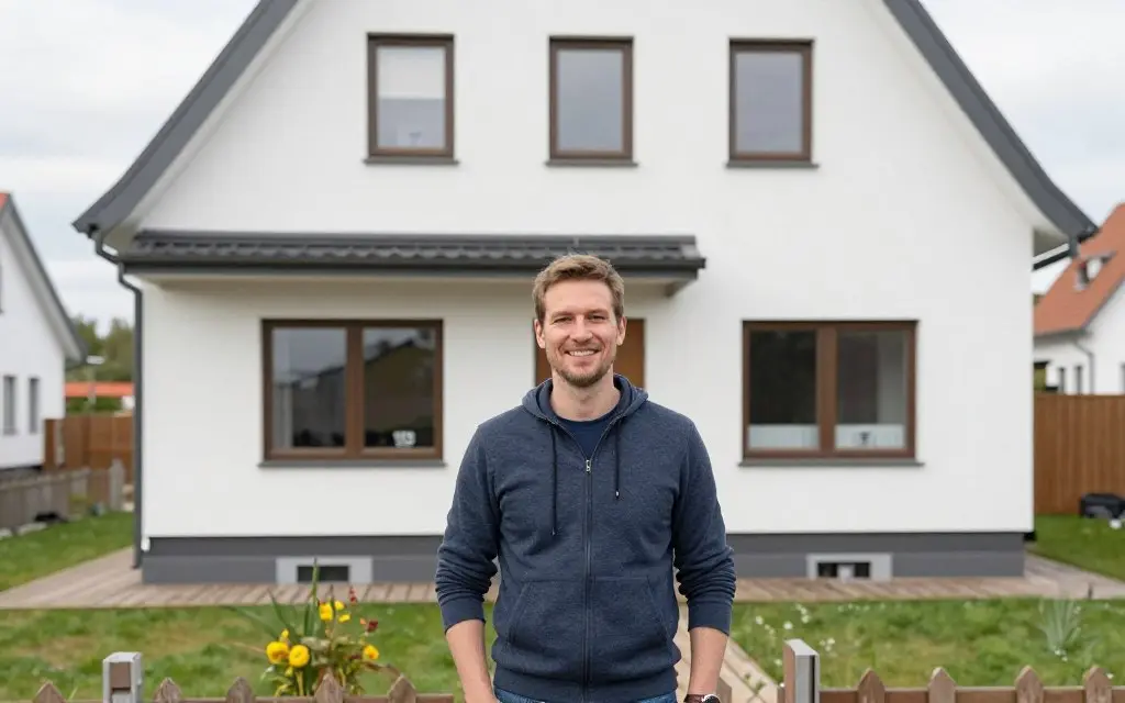 Zufriedener Hausbesitzer vor renovierter Fassade