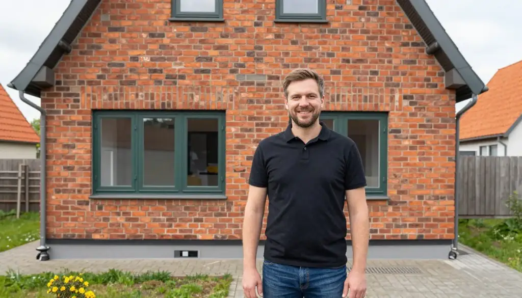 Zufriedener Hausbesitzer vor seinem fertig sanierten Haus in Bremervörde