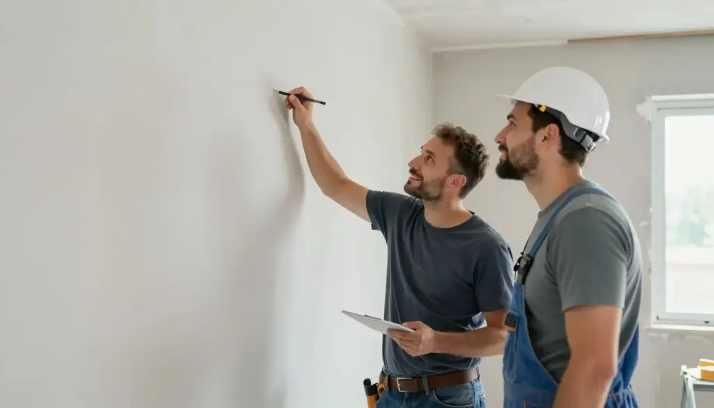 Zufriedener Kunde betrachtet frisch verputzte Wand mit Handwerker